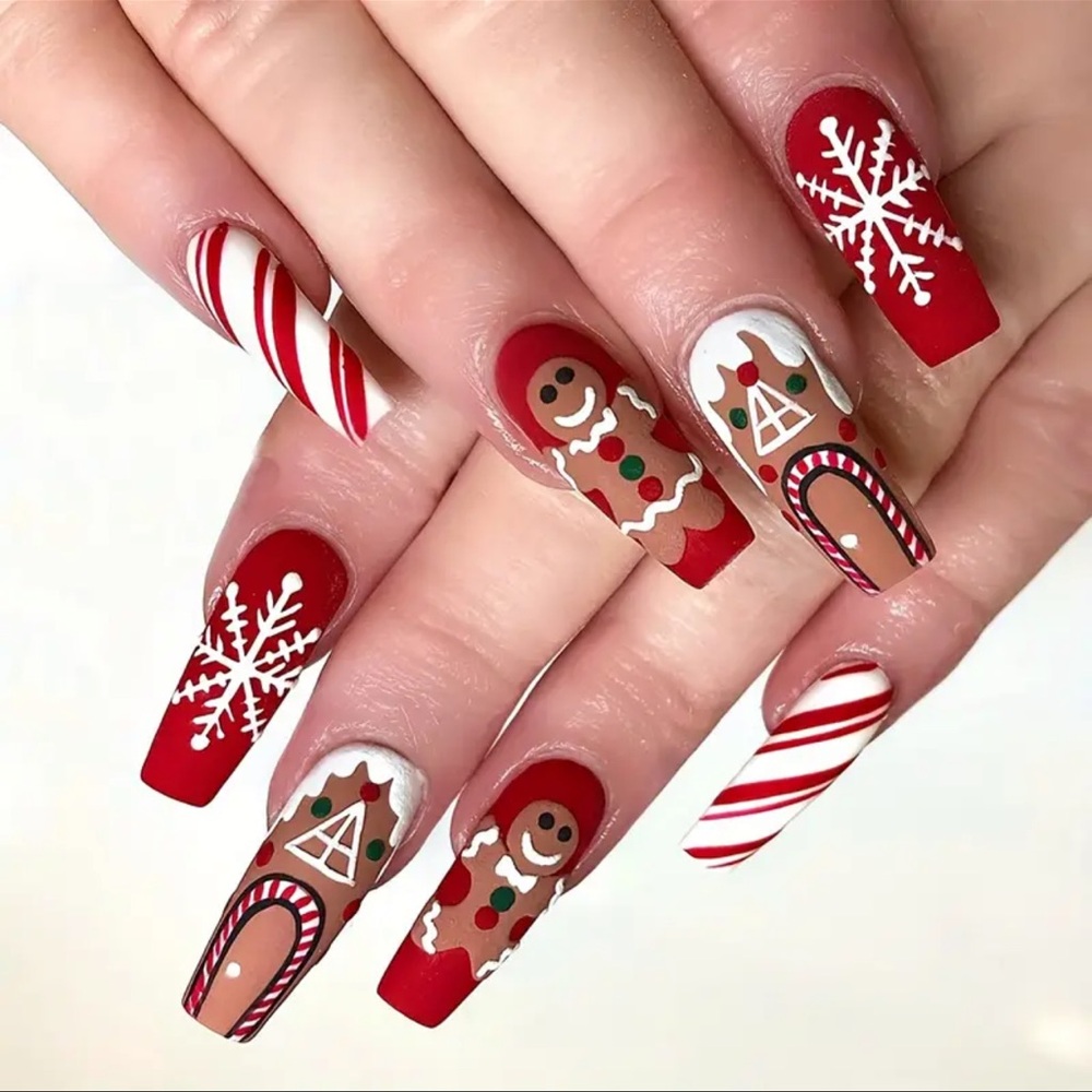 Press-On Nails, NIB, Red, White & Brown, ALMOND SHAPE,💅